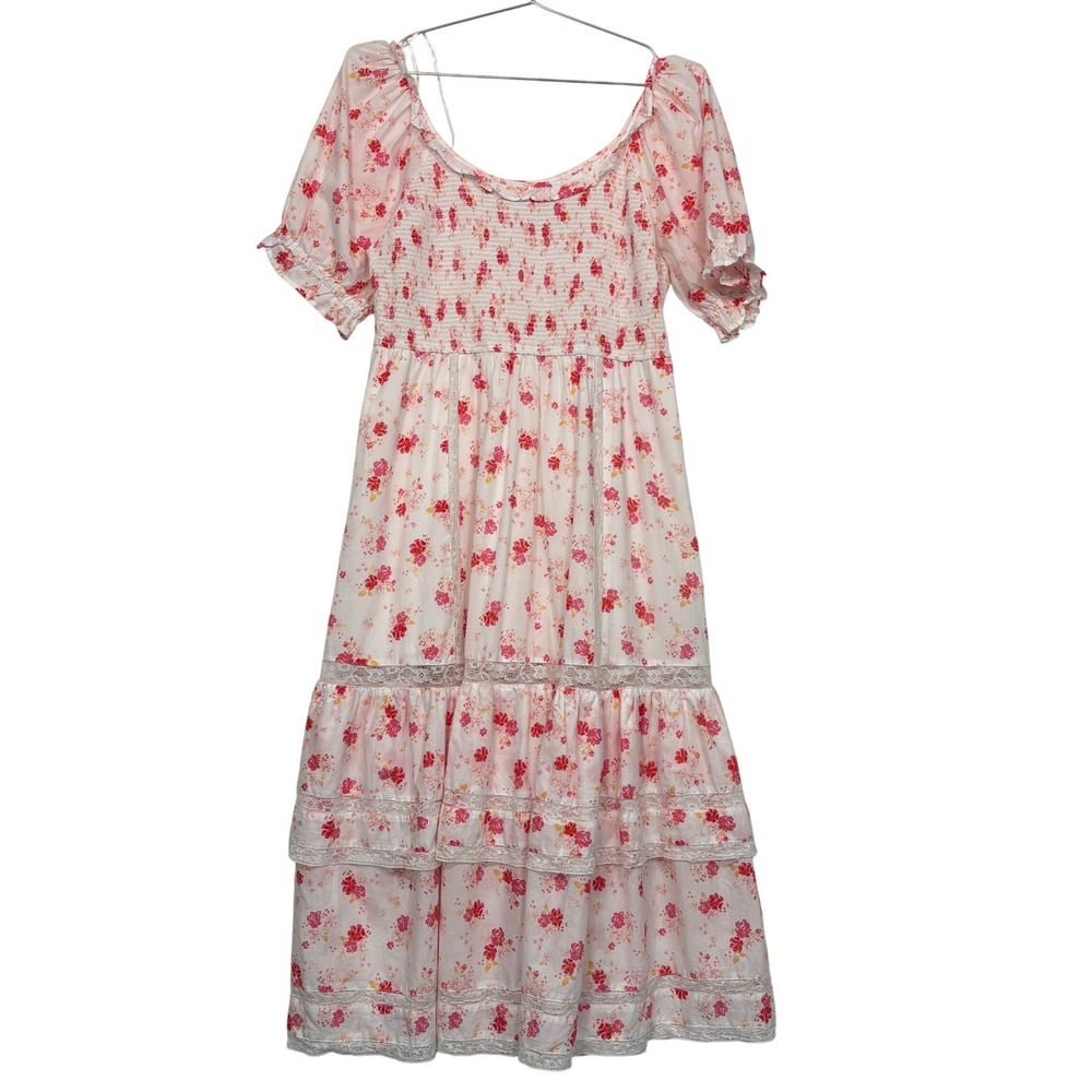 LoveShackFancy Women Dress L Pink Floral Smocked Tiered Lace Midi Cotton